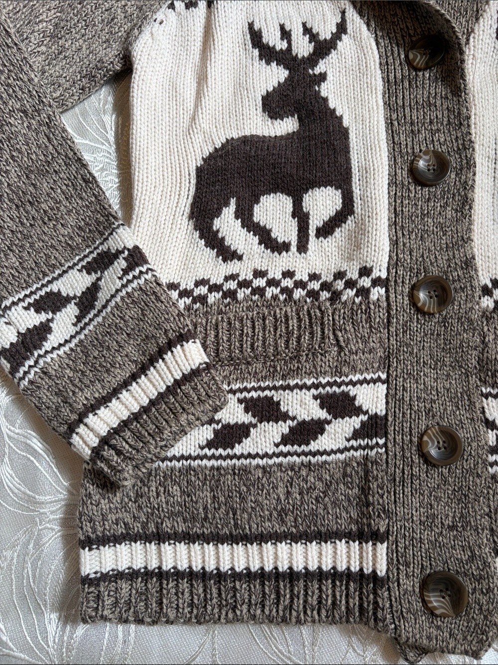 Bluenotes Brown and White Shawl Collar Reindeer Knit Cardigan - Women's Large - Picture 6 of 12